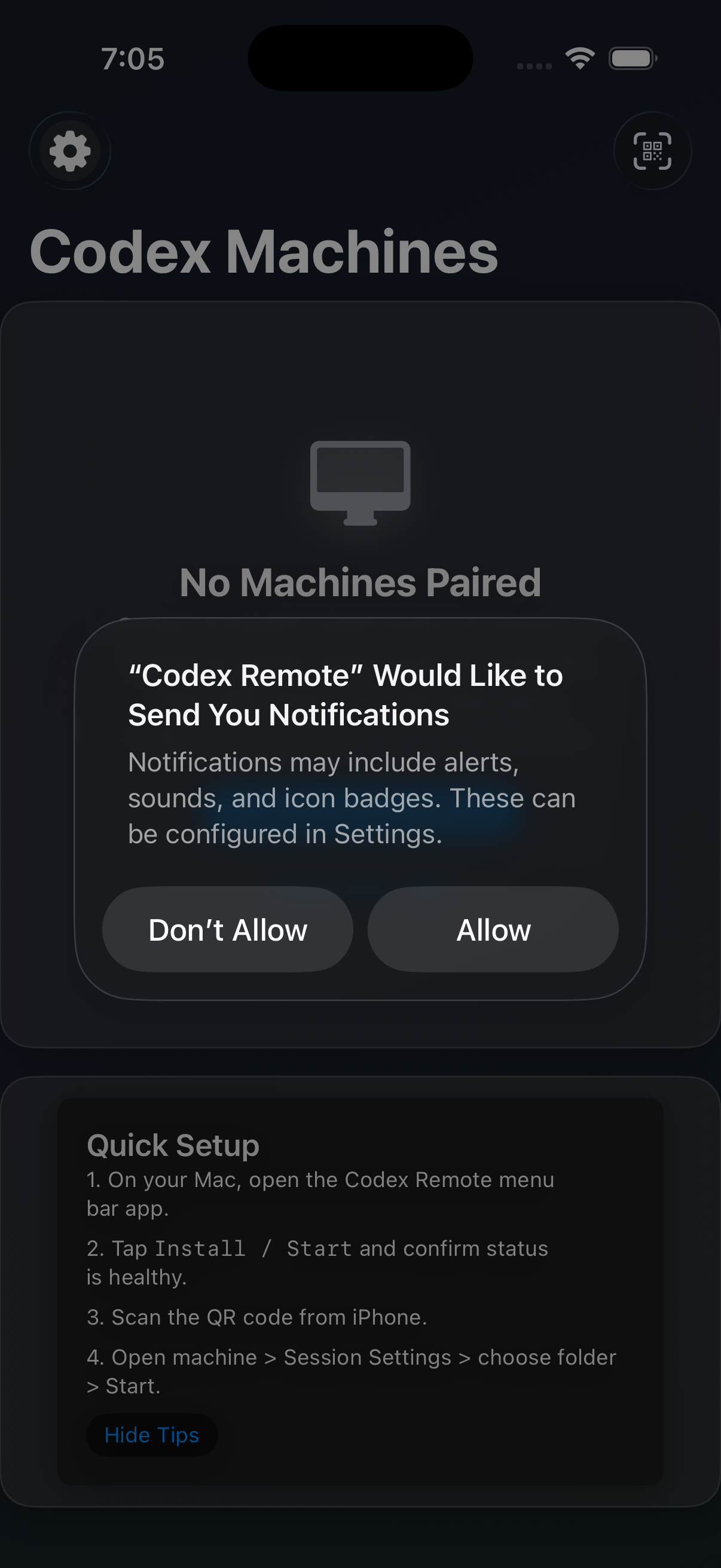 CodexAnywhere dark mode machine list
